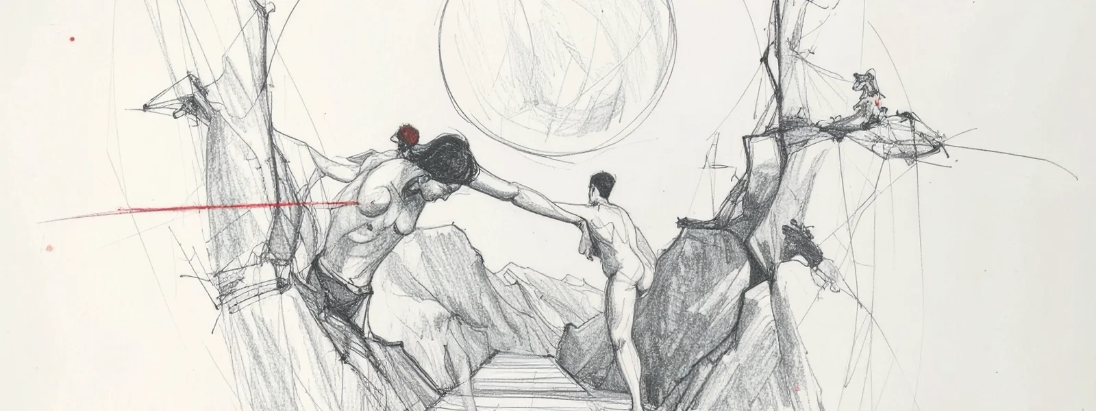 About Banner sketch of two people on a path