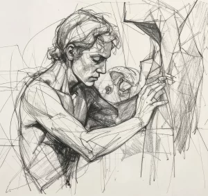 Sketch of person feeling contours of a tree